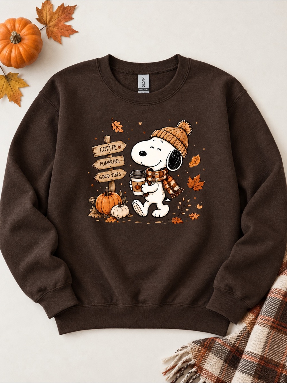 Fall Dog Sweatshirt Coffee Pumpkins Good Vibes Graphic Crewneck